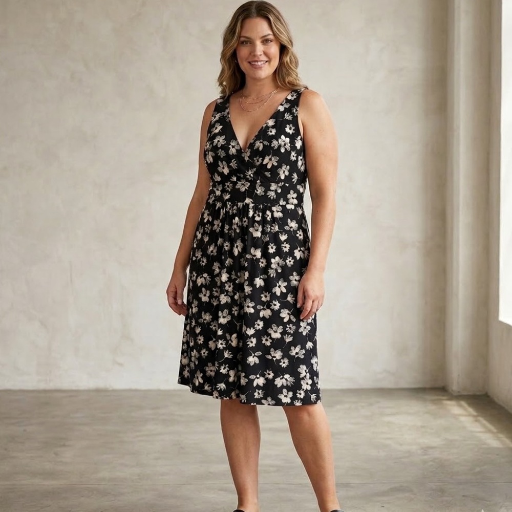 Chaps Women’s XL Black & White Floral Midi Dress